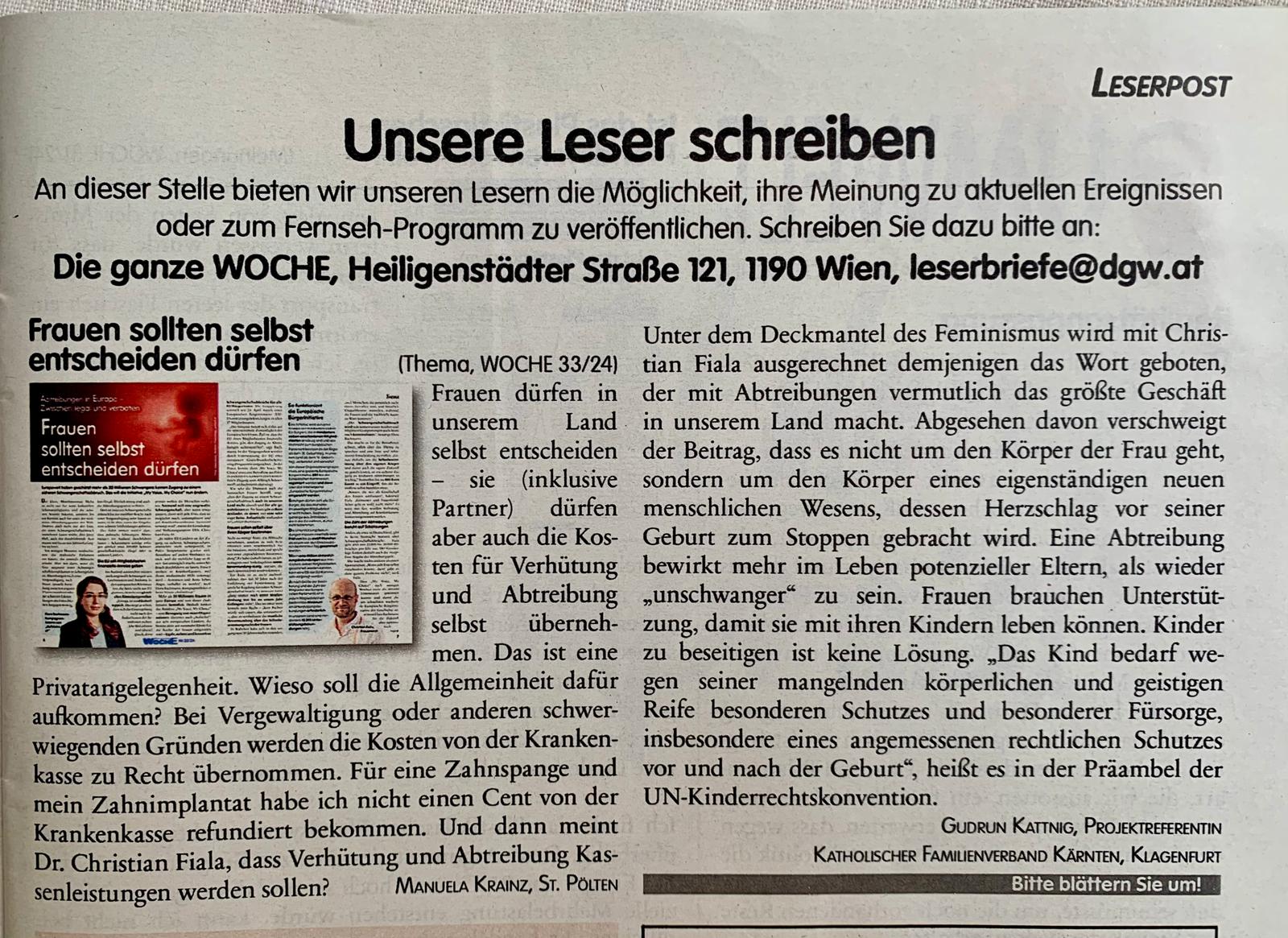 Leserbriefe / Die ganze Woche